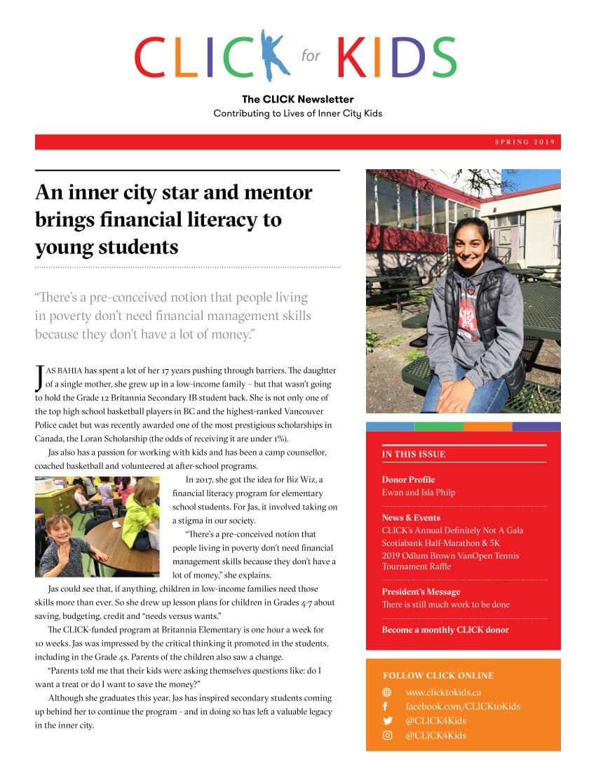 Front page of CLICK's Spring 2019 newsletter, headlined "An inner city star and mentor brings financial literacy to young students"