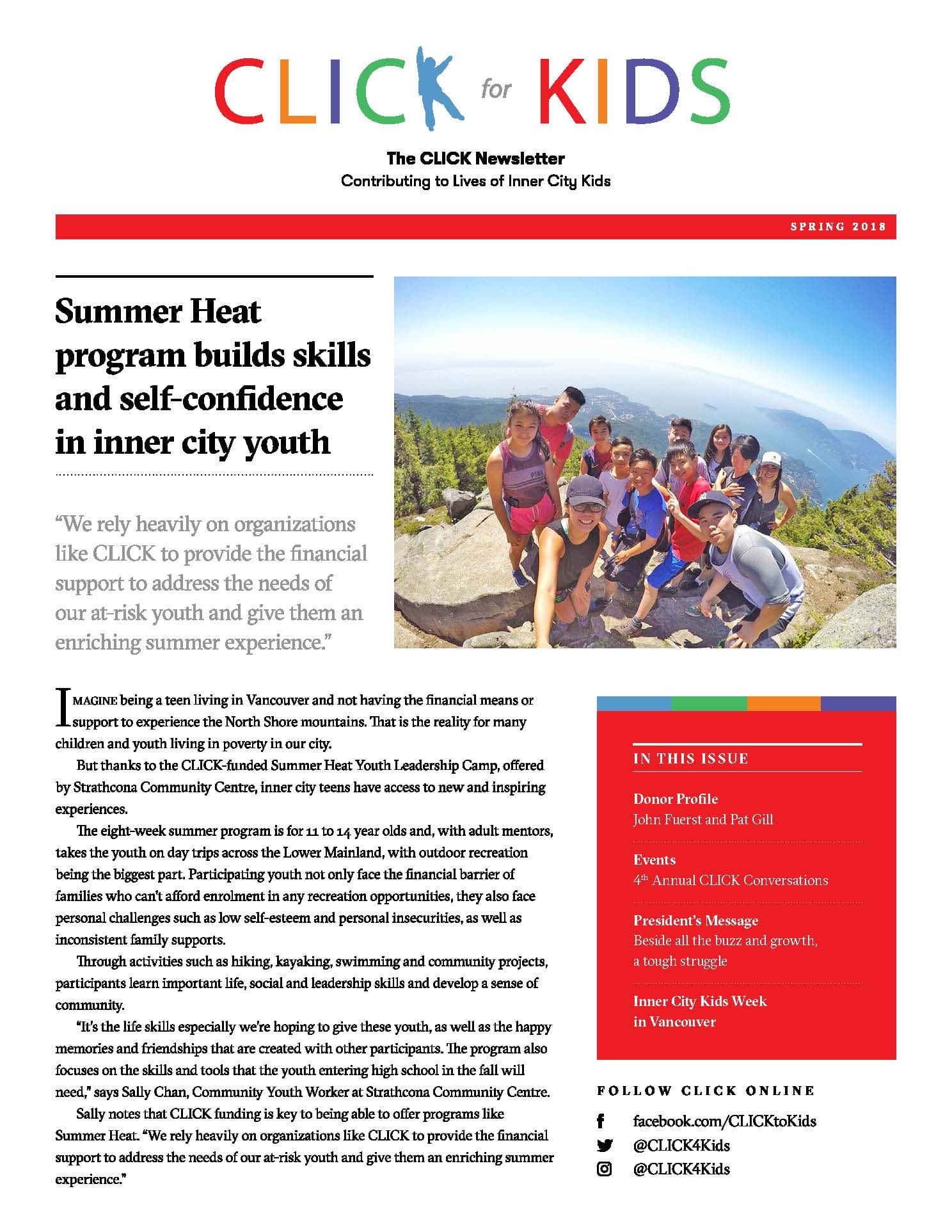 Front page of CLICK's Spring 2018 newsletter