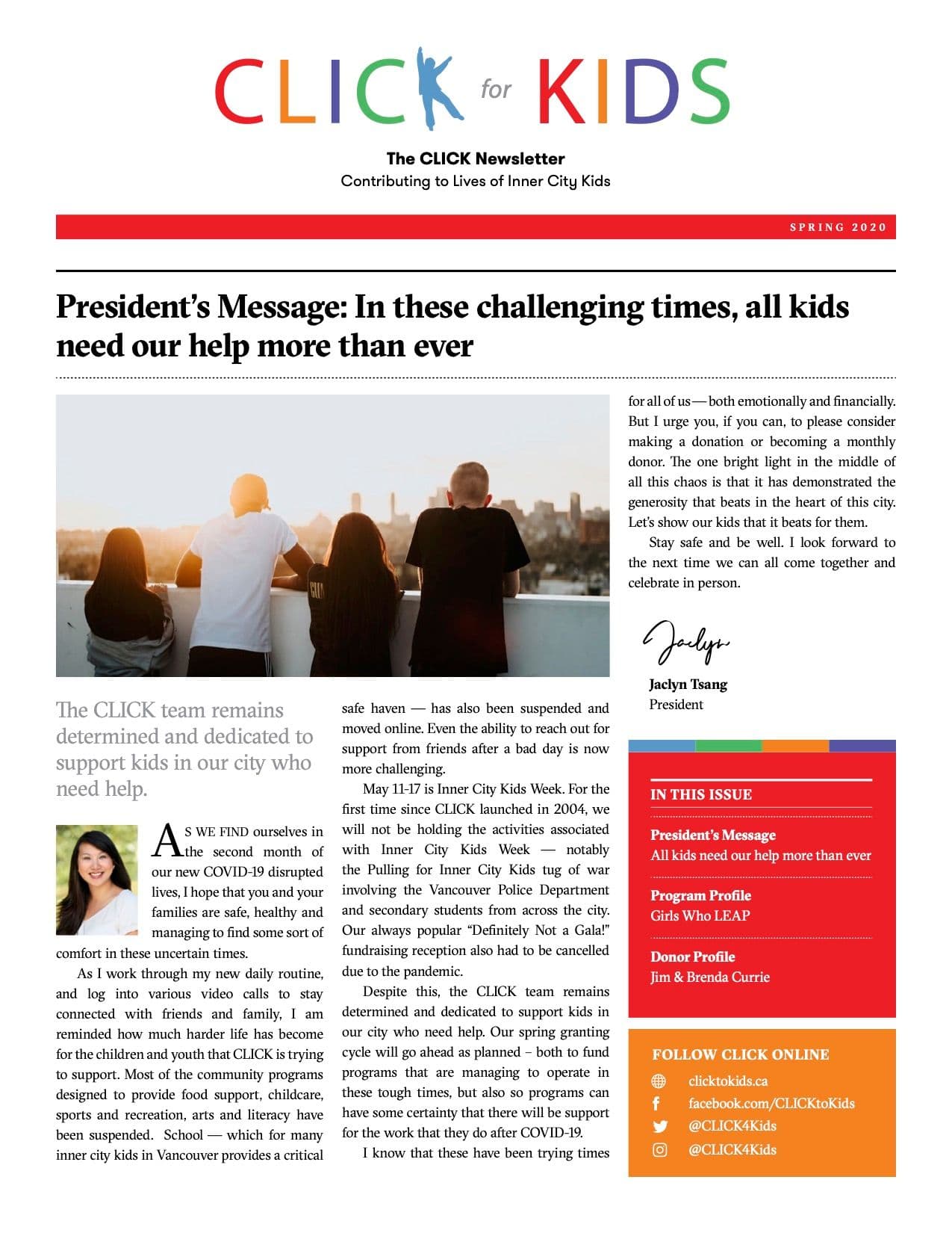 Front page of CLICK's Spring 2020 newsletter, headlined "In these challenging times, all kids need our help more than ever"