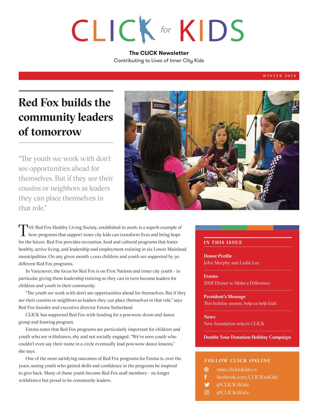 Front page of CLICK's Winter 2018 newsletter